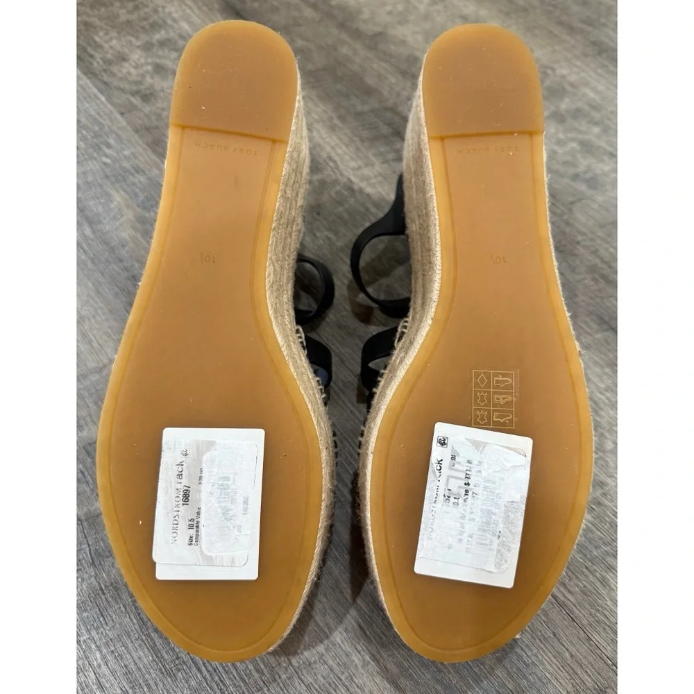 Tory Burch Fisherman Espadrille Platform Wedge Sandal Black Leather Size 10.5